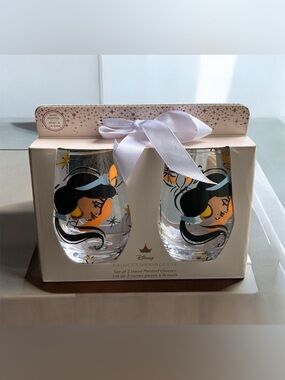 NEW Disney Princess Jasmine Hand Painted Stemless Wine Glasses Aladdin Magenta